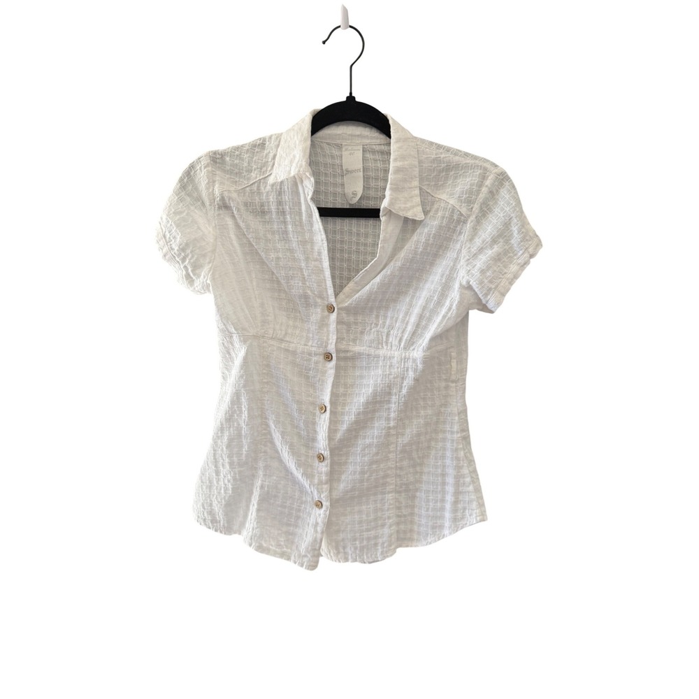 Sweet White Textured Cotton Button Up Empire Waist Short Sleeve Blouse Womens M